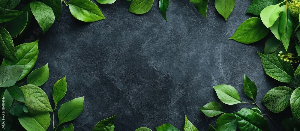 Poster green leaf border on a dark stone background with ample copy space for text or graphics