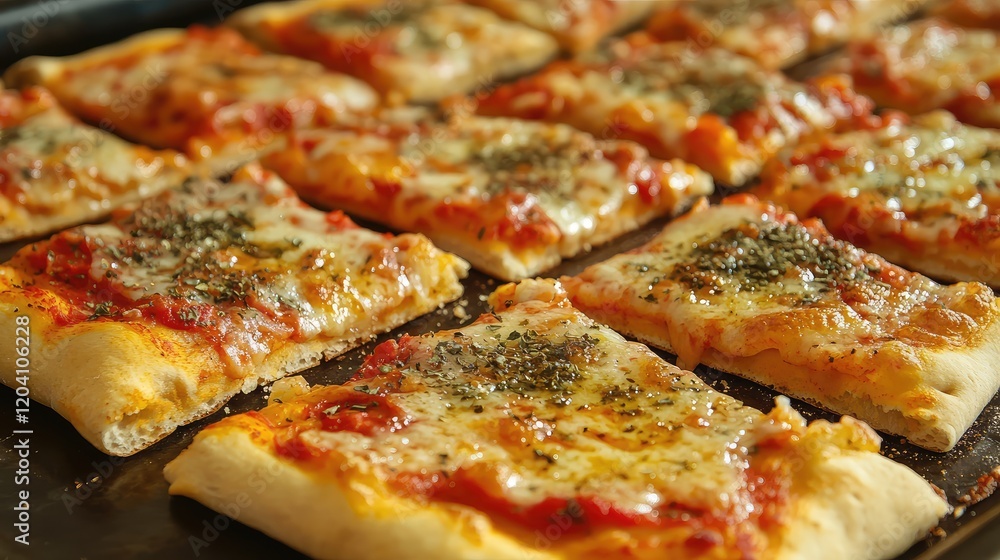 Poster freshly baked rectangular pizza slices topped with cheese and herbs on a black tray with copy space 