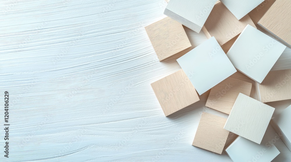Poster wooden blocks on a textured white background with copy space for text or design elements