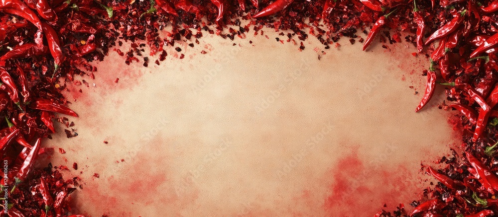 Poster chili peppers arranged with ground spices on textured background with copy space for text