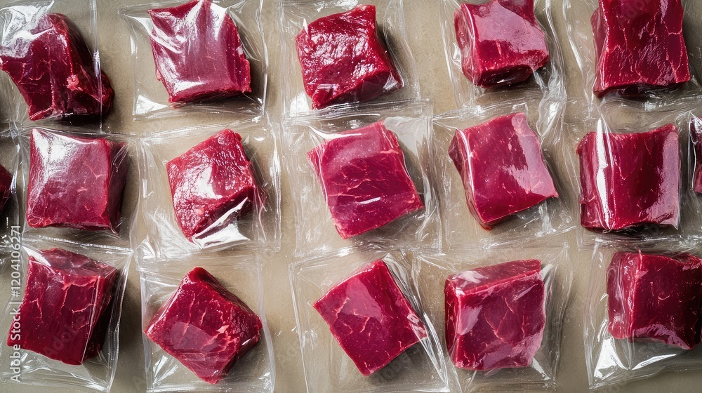 Poster vacuum sealed pieces of raw red meat arranged in a grid pattern on a neutral background with copy sp