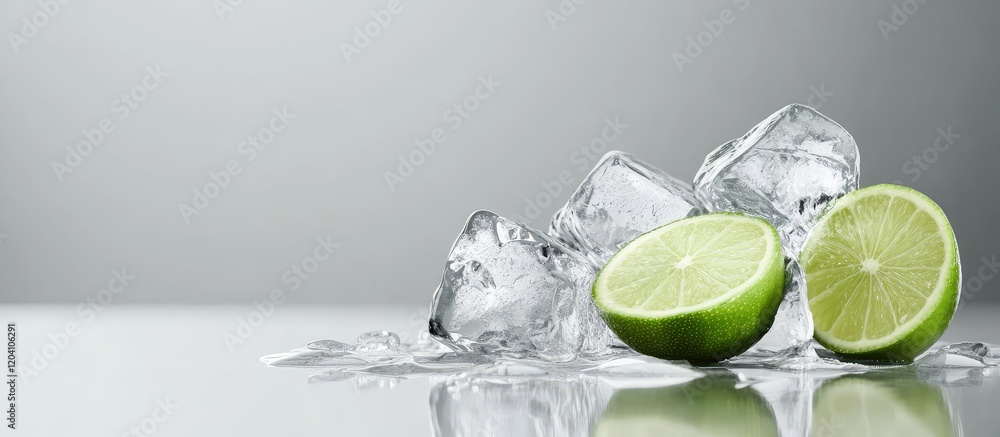 Aufkleber fresh lime halves on ice cubes with a neutral gray background and copy space for text.