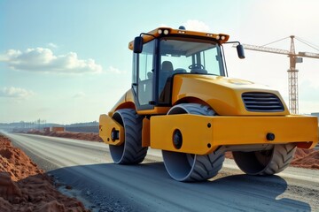 Road Roller Close-up. Modern orange soil compactor with three drums working on construction road with construction cranes visible in distance.