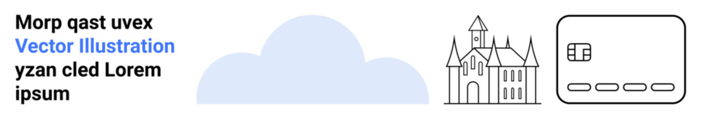 Large cloud icon with light blue color, architectural castle structure with towers, partial credit card outline. Ideal for cloud computing, architecture, security, finance, digital transformation