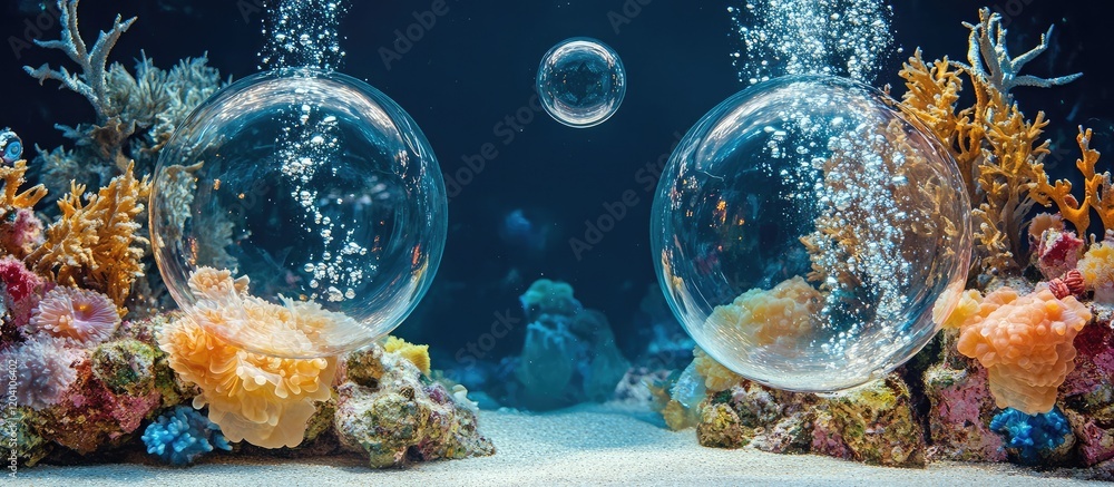 Poster underwater scene with coral reefs and two large bubbles rising to the surface in a deep blue ocean e
