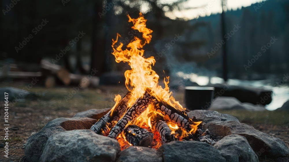 Poster campfire burning in stone circle by the lake during twilight with trees in the background and copy s
