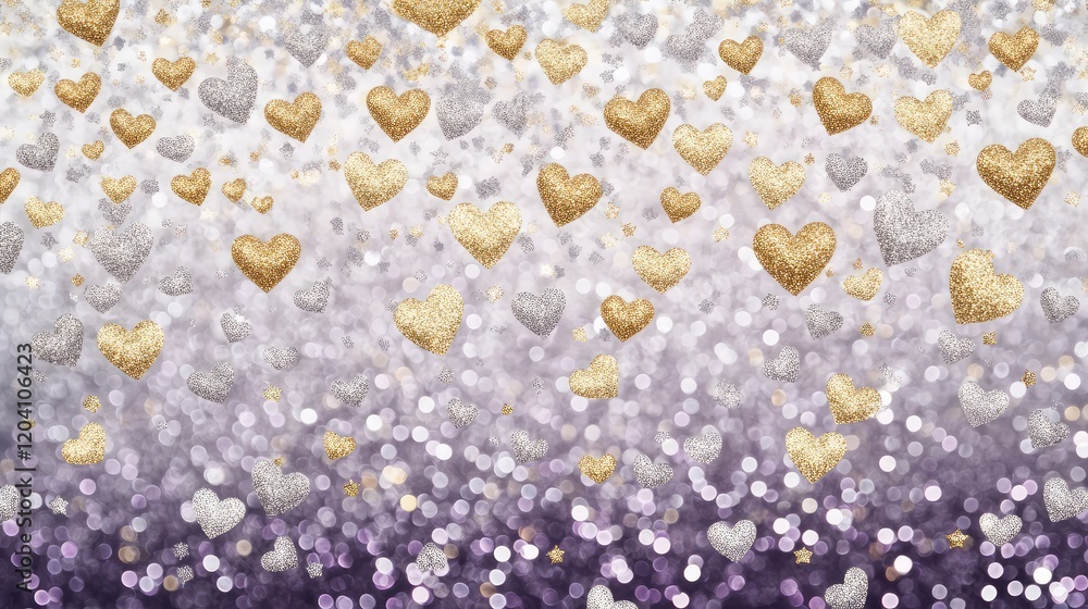 Aufkleber golden and silver glitters heart shapes falling with bokeh background gradient copy space