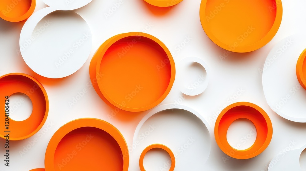 Poster abstract arrangement of circular plates in various sizes and colors of orange and white on a light b