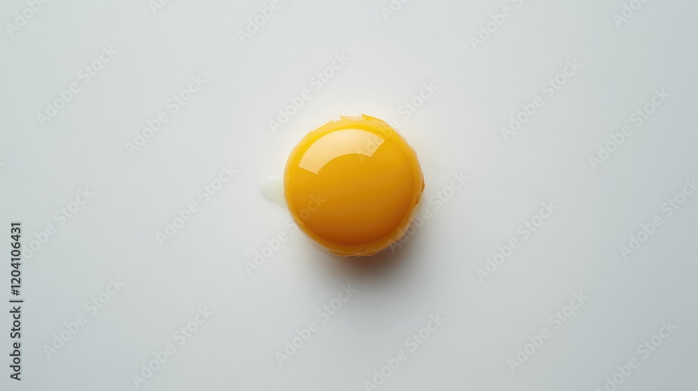 Poster close-up of a fresh egg yolk on a white surface with soft lighting and copy space for text placement