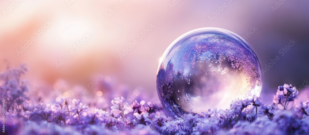Poster colorful crystal bubble on soft textured surface with pastel hues in the background and copy space f