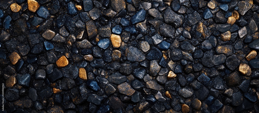 Poster dark textured pebble pavement background with subtle gold accents and ample copy space for text plac