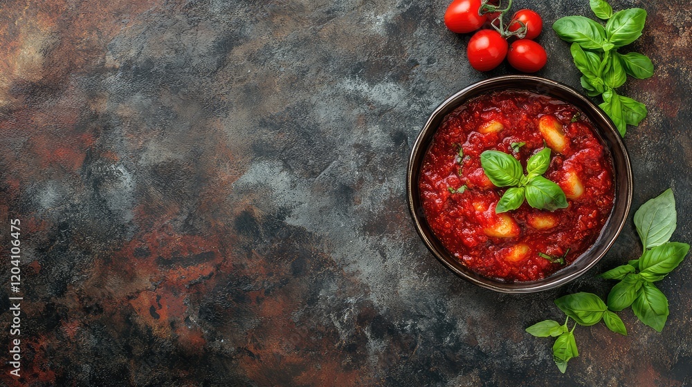 Poster bowl of tomato basil soup with cherry tomatoes and fresh basil on a textured dark background with am