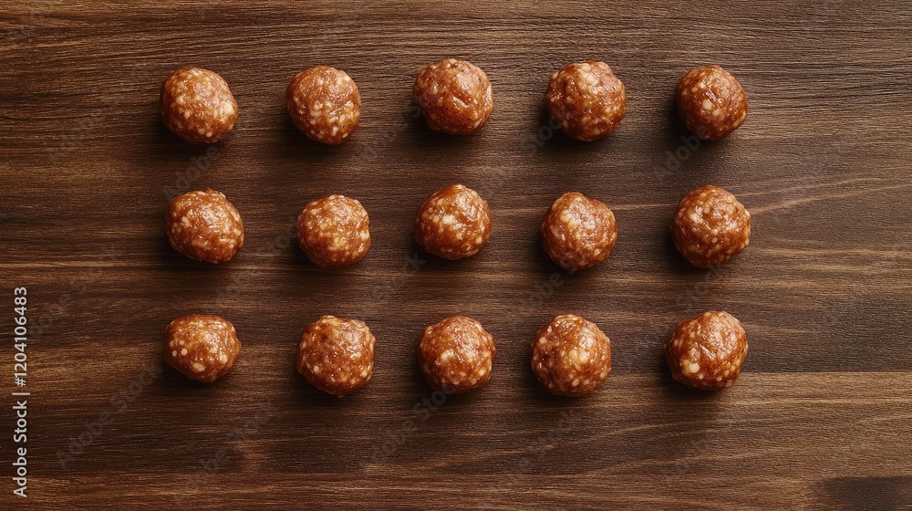Poster raw meatballs arranged in a grid pattern on a wooden surface with natural lighting and copy space fo