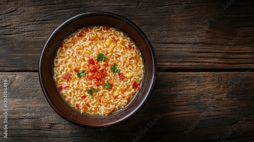 Poster bowl of instant ramen noodles with colorful toppings on rustic wooden background with copy space