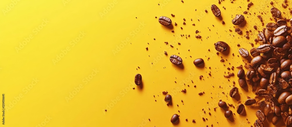 Poster coffee beans scattered on a bright yellow background with ample copy space for text placement.