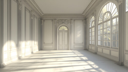 un cuarto contemporaneo vintage color blanco colores claros vacia con ventanales dise&ntilde;o y arquitectura