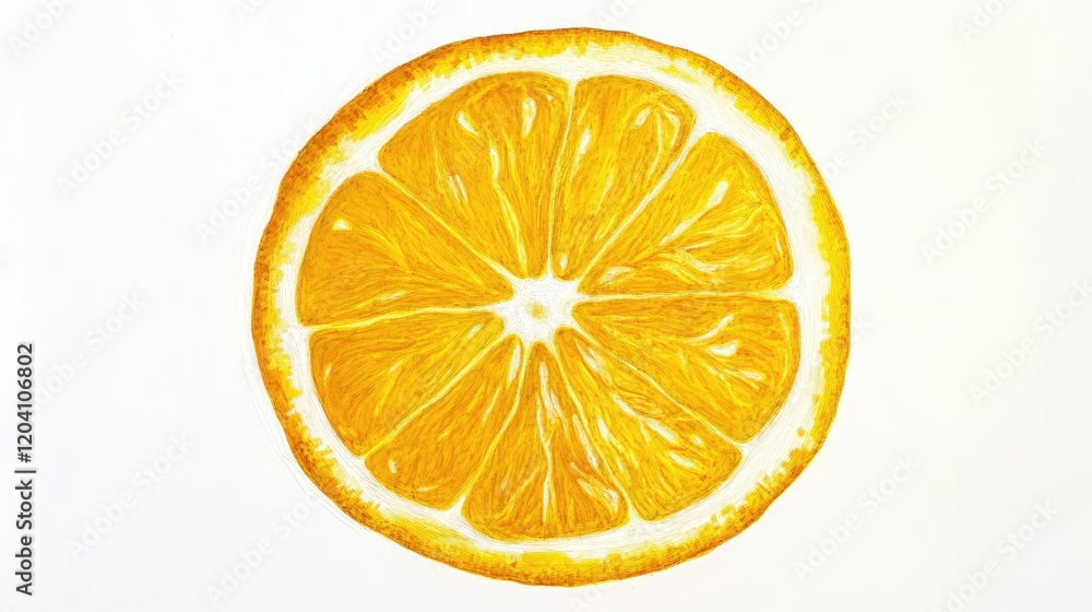 Poster detailed close-up of a bright yellow lemon slice on a white background with ample copy space for tex