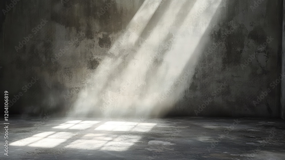 Poster empty room with sunlight rays illuminating a textured wall and floor, shadows creating a dramatic at