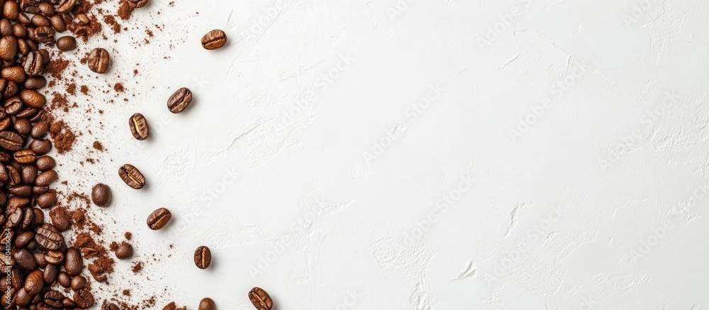 Poster coffee beans scattered on white background with copy space for text and design purposes.