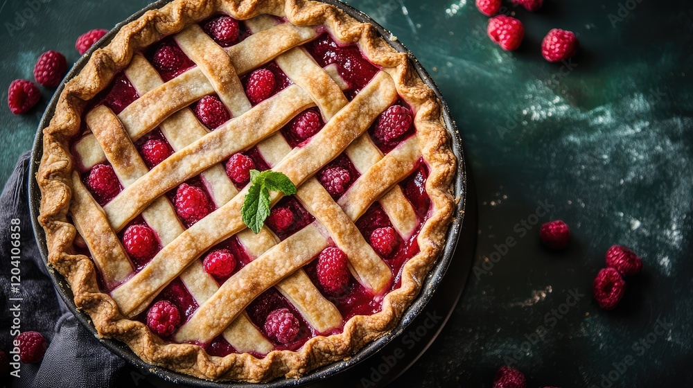 Poster raspberry pie with lattice crust on dark background with fresh raspberries and mint leaves copy spac