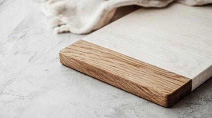 Fototapeta premium Wooden cutting board with light and dark wood accents on textured gray surface Copy Space