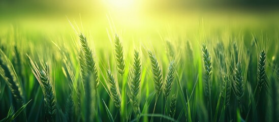 Lush green wheat field with sunlight shining through creating soft bokeh effect Copy Space