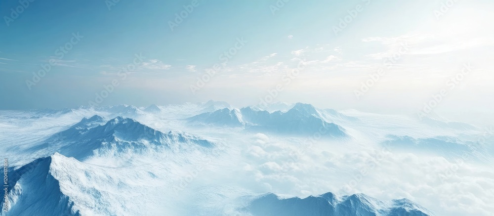Poster panoramic view of distant snow-covered mountains beneath a clear blue sky with soft clouds and copy 