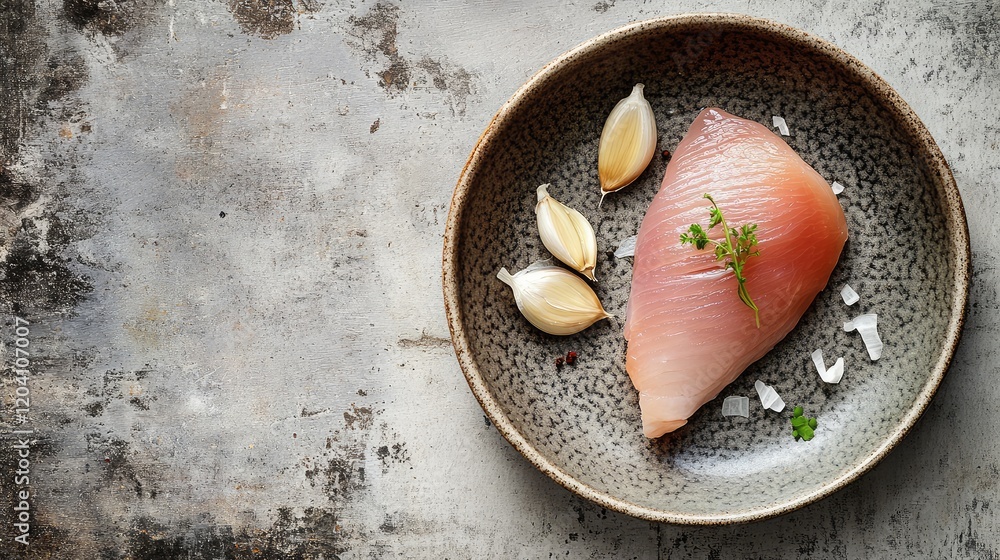 Poster raw fish fillet on a textured plate with garlic cloves and sea salt against a rustic background with
