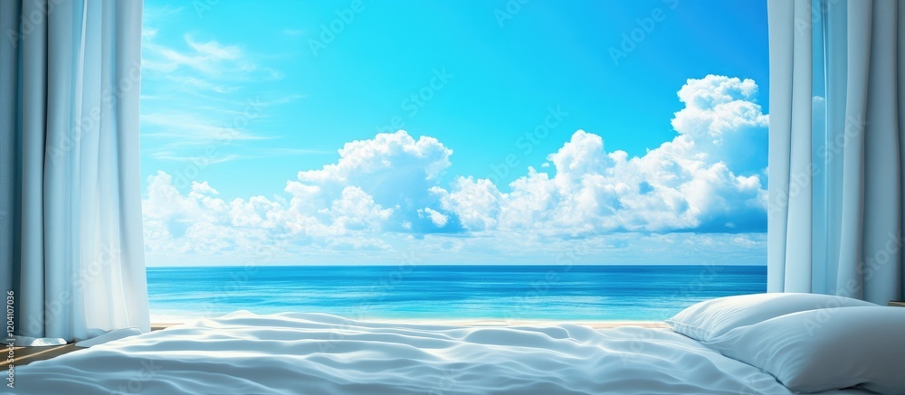 Poster coastal bedroom with view of the ocean and clouds through open window with white curtains and unmade
