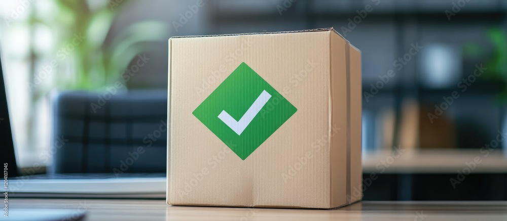 Poster brown cardboard box with green check mark symbol on it in office setting with clear background and c