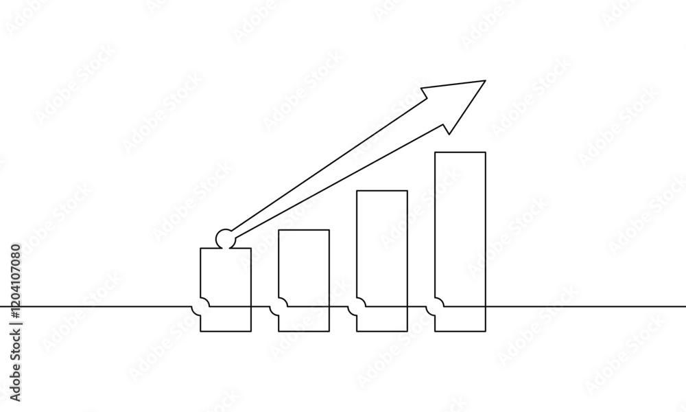 Wall mural Continuous one line drawing of graph vector illustration. Flat icon of business growth. Single line art of increasing arrow up. Sign symbol of bar chart