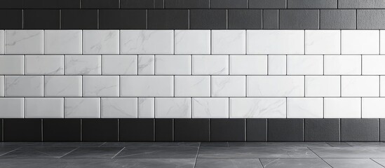 Black and white tiled wall with horizontal stripes and copy space for text.