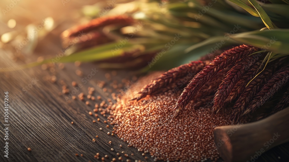 Poster close-up of millet grains and wheat stalks on rustic wood surface with soft lighting and copy space 