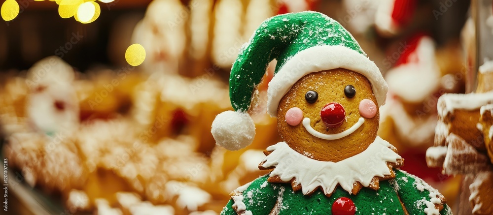 Poster gingerbread cookie with green hat and red cheeks in a festive bakery display with blurred lights and