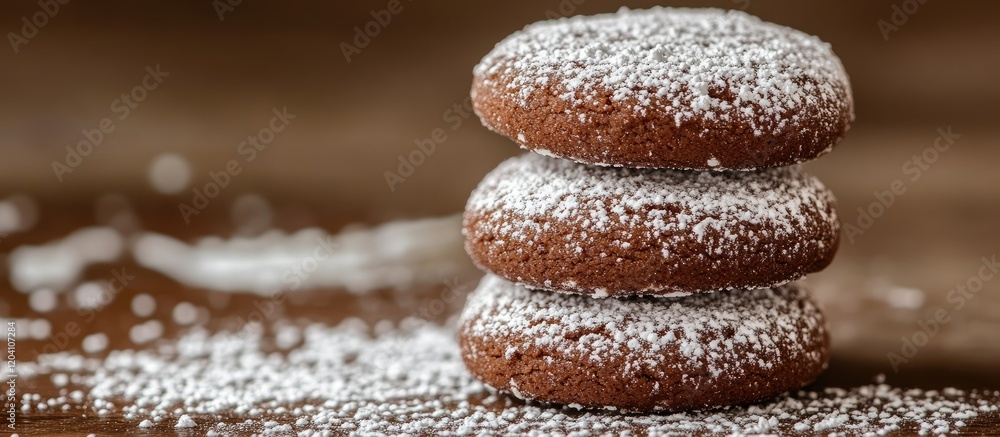 Poster stack of three chocolate cookies dusted with powdered sugar on a wooden surface with scattered sugar
