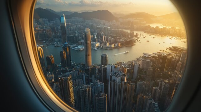 Fototapeta A bustling city with shimmering skyscrapers seen from above through an airplane window as the morning sun casts warm hues.