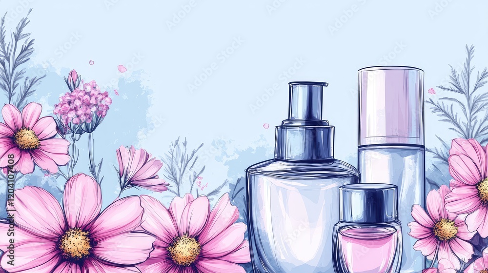 Poster floral background with cosmetic bottles in various shapes and sizes on a light blue backdrop with pi