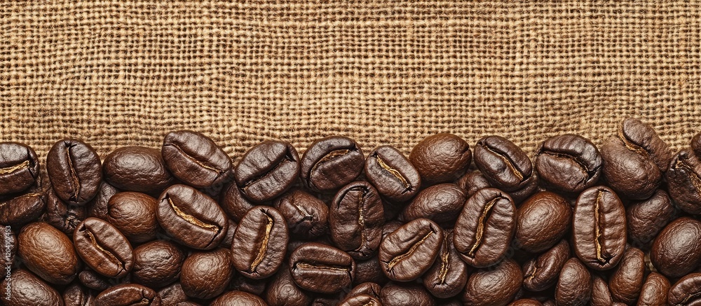 Poster coffee beans on burlap background with copy space for text or branding elements.