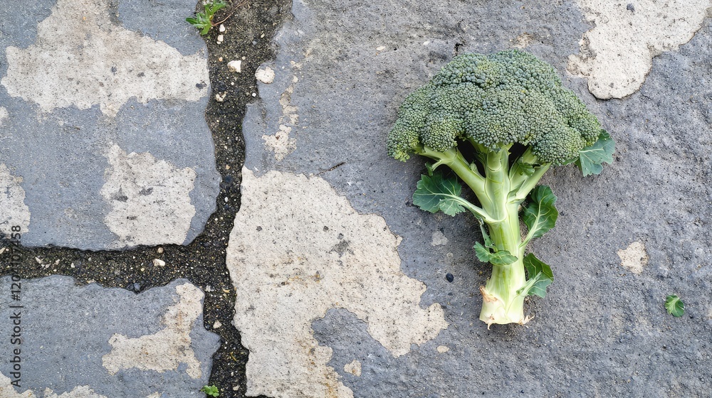 Poster broccoli on textured pavement with visible cracks and dirt providing contrast and copy space for add