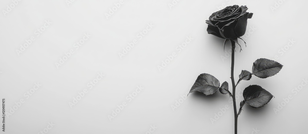 Poster black rose on a white background with copy space for text highlighting the contrast and simplicity o
