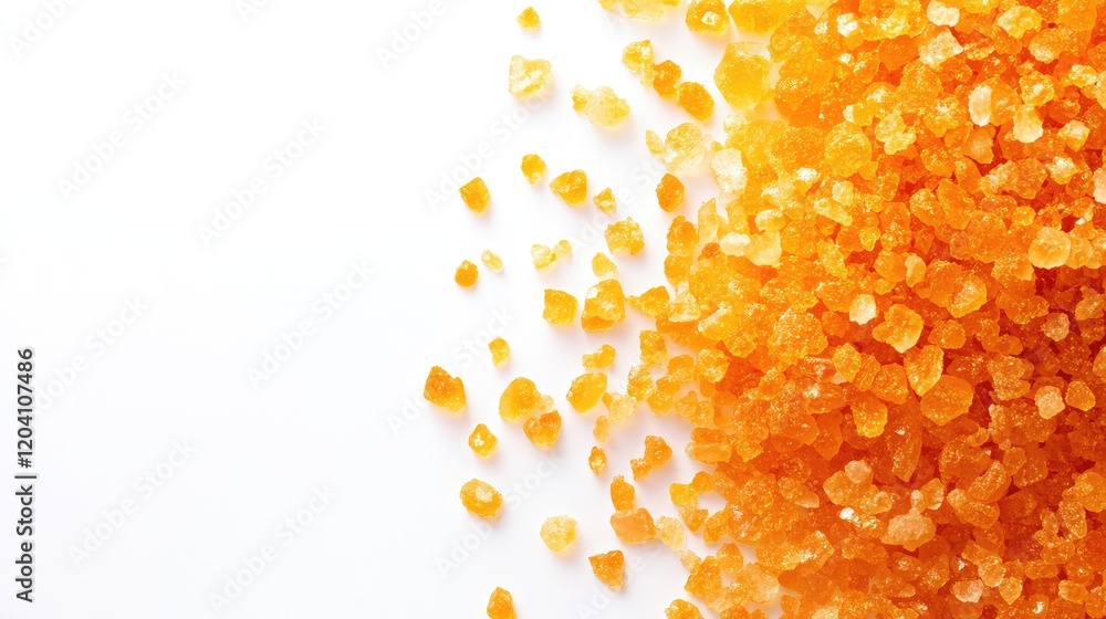 Poster orange sugar granules on white background with copy space for text insertion.