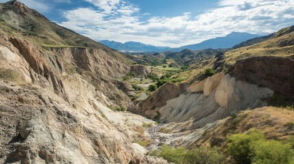 Obraz premium Scenic view of a mountainous landscape with eroded cliffs and a riverbed under a blue sky with clouds Copy Space