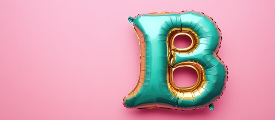 Shiny teal letter B balloon against a pink background with copy space for text