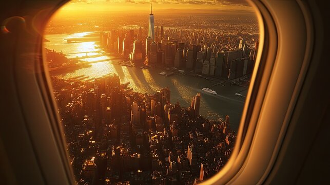 Fototapeta A bustling city with shimmering skyscrapers seen from above through an airplane window as the morning sun casts warm hues.