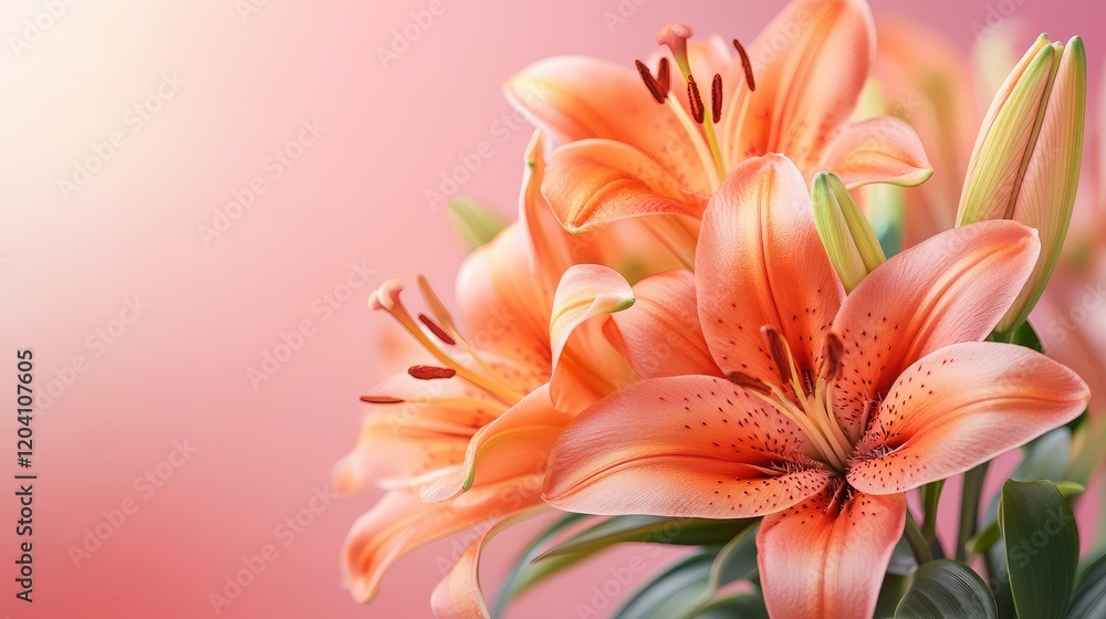 Poster orange lilies on soft pink background with blurred effect and copy space for text placement.