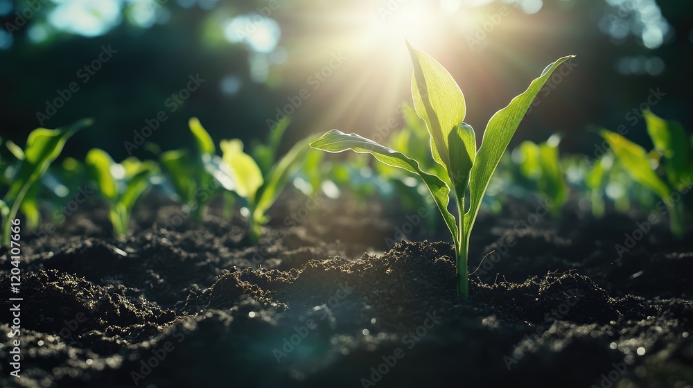 Poster green seedlings sprouting from rich soil illuminated by sunlight with soft bokeh background and ampl