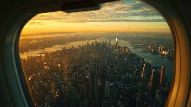 Fototapeta A calm yet lively morning cityscape seen from above, the airplane window framing the beauty of skyscrapers and sunrise.