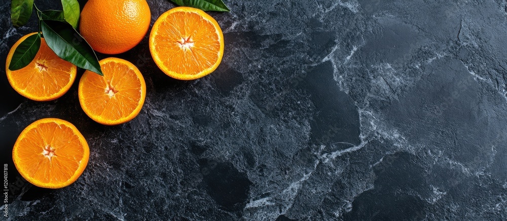 Poster fresh oranges sliced on a dark marble countertop with green leaves and copy space for text placement