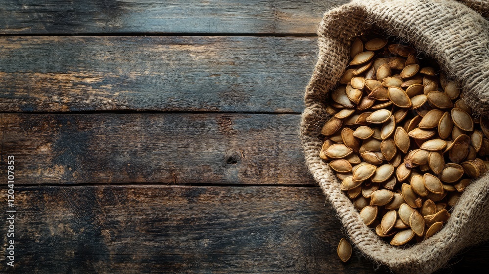 Poster pumpkin seeds in a burlap sack on rustic wooden background with copy space for text