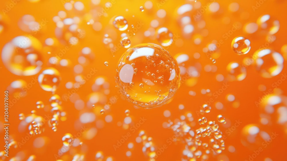 Poster close-up of orange liquid with bubbles and spherical air pockets creating an abstract background wit